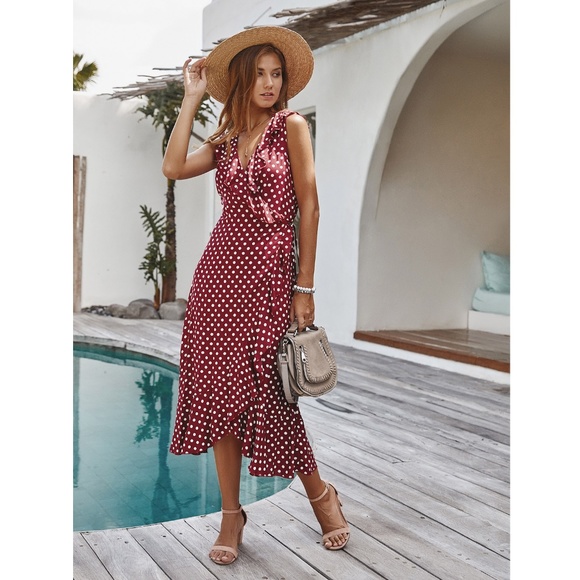 Rouge! Dresses & Skirts - Burgundy Polka Dot Wrap Midi Dress
